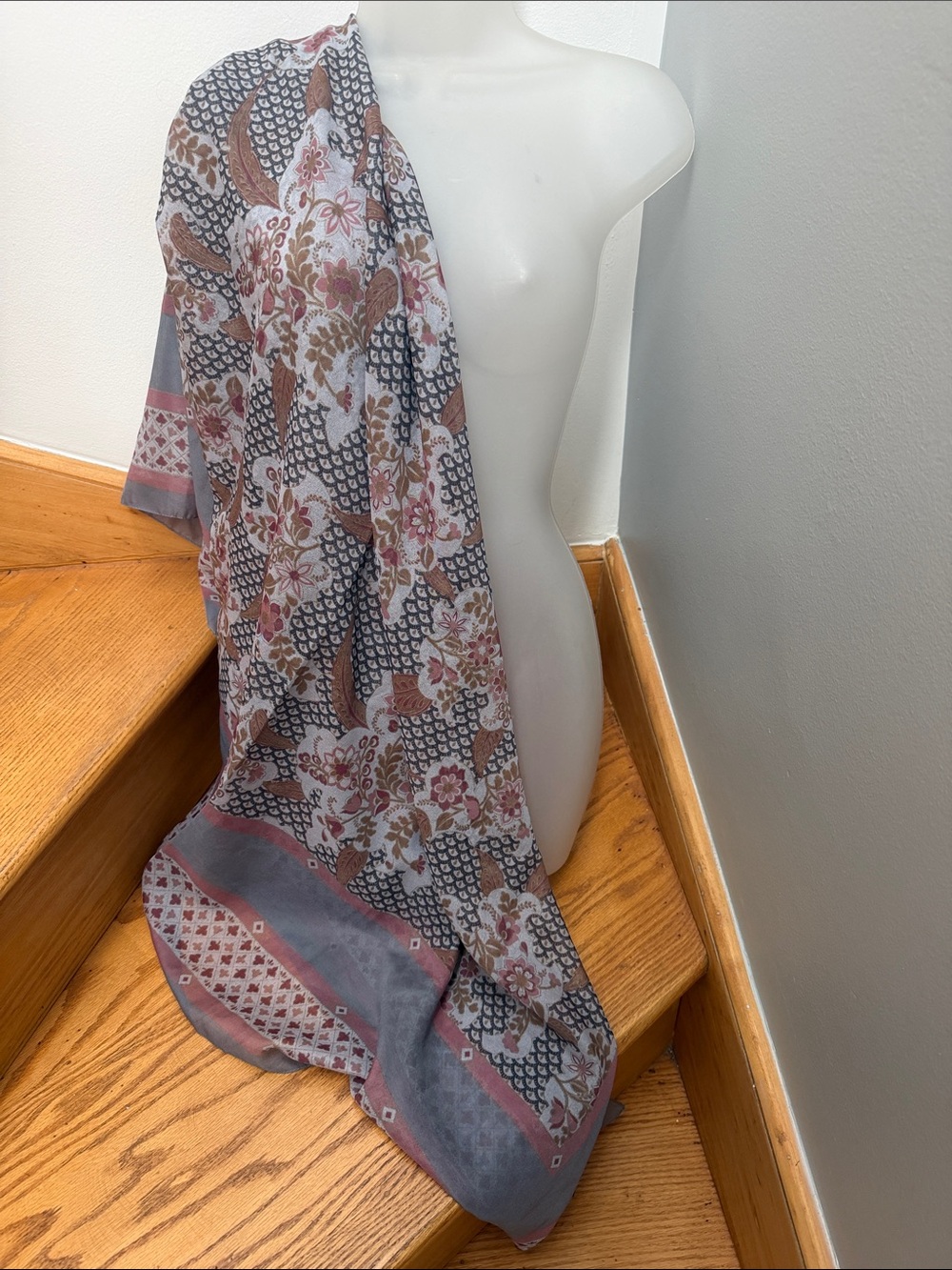 Vintage Floral Paisley Scarf in Gray, Pink, Brown - Picture 2 of 12